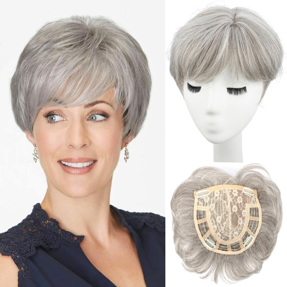 Short‎ Pixie Hair Topper • Silver Gray • Clip-In Top Piece for Thinning Hair